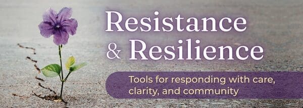 Purple flower grows through cracked pavement symbolizing resistance and resilience; text and subtitle.
