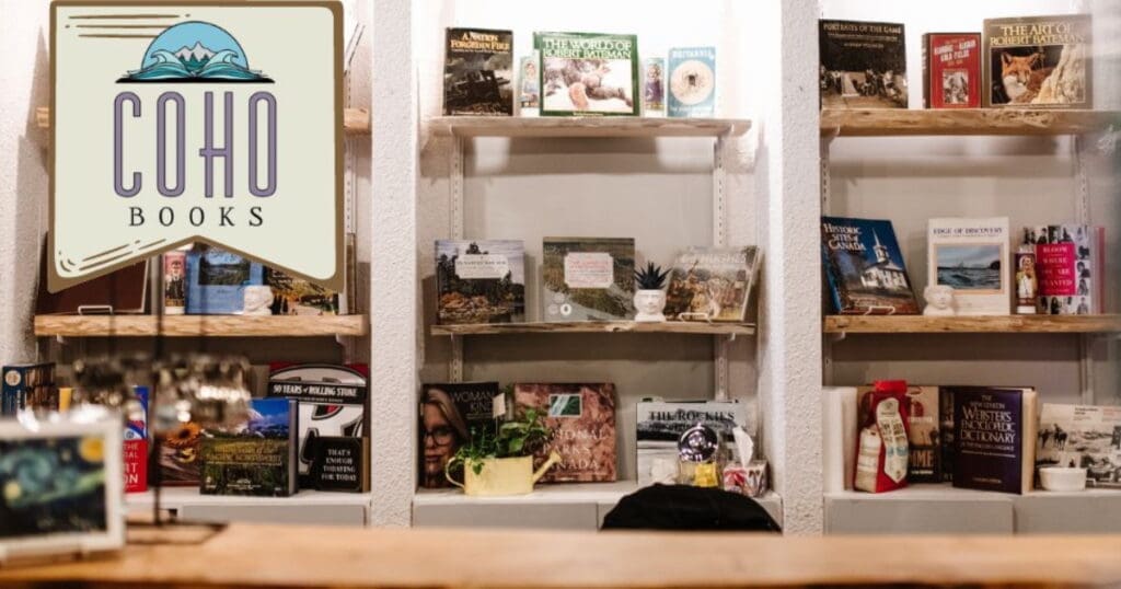 Bookshelves with books and a "COHO Books" sign invite curious readers on the left side.