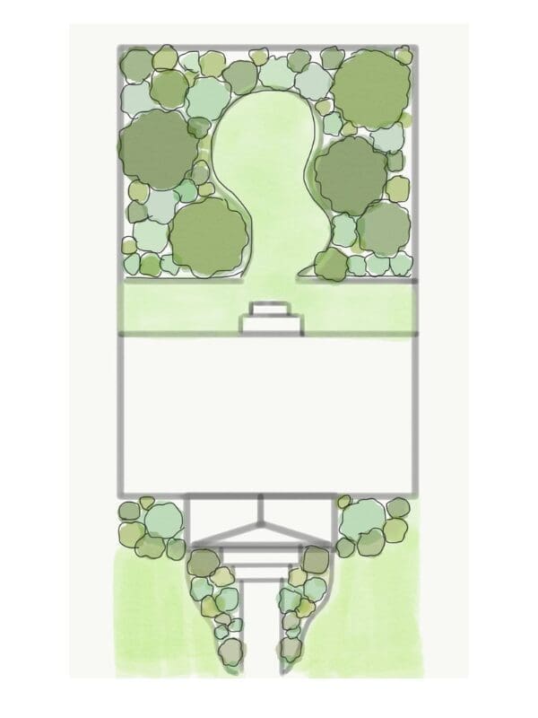 A yard design with curved paths, trees, and bushes for an inviting edible landscaping layout.