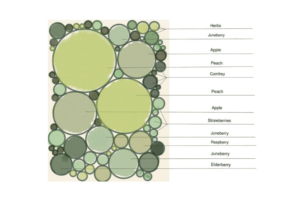Abstract circles diagram labeled with plant names for edible yard and bountiful feast inspiration.