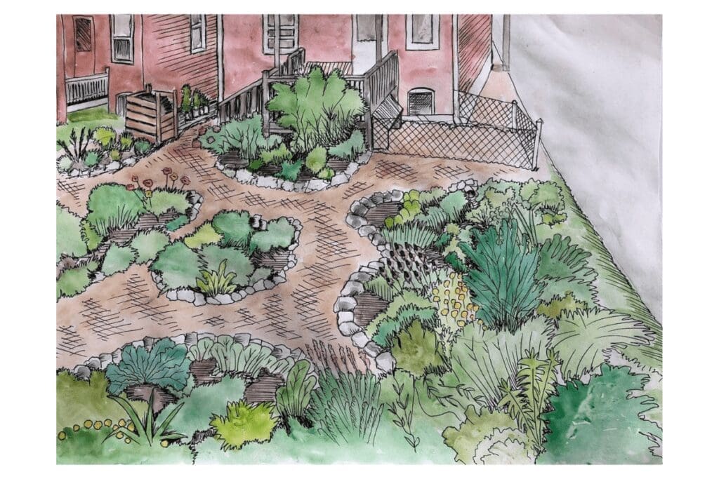 A landscaped garden with edible yard design, winding paths, green shrubs, and a brick house.