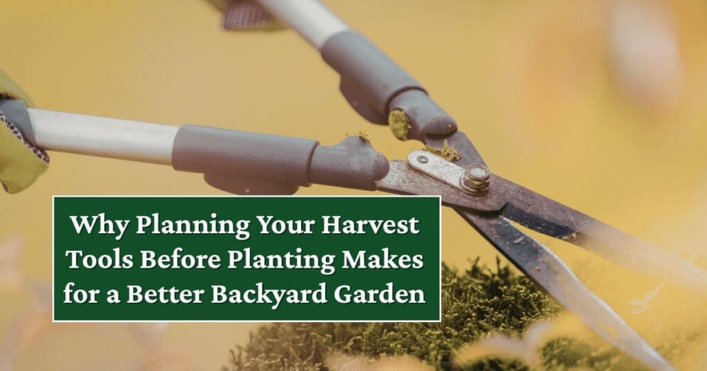 Garden shears trimming plants with a gardening tip for backyard garden success in a green box.