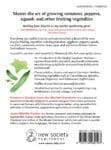 Back cover of a gardening book featuring fresh green leaves and text about fruiting vegetables.
