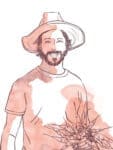 Line drawing of a bearded person in a hat, holding what looks like carrots, with watercolor accents.