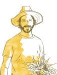 Line drawing of a bearded man in a hat, holding plants, half-covered in yellow watercolor.