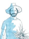 Line drawing of a bearded man in a hat, holding a bunch of root vegetables.