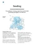 Illustration of a hand sowing seeds into a blue-tinted plastic plug flat.
