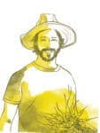 Illustration of a bearded man in a hat holding a bunch of carrots, with yellow accents.