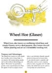 Yellow illustration of a wheel hoe above text explaining its purpose and advantages in gardening.