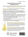 Book back cover with gardening tools, text about a guide for successful vegetable growing.