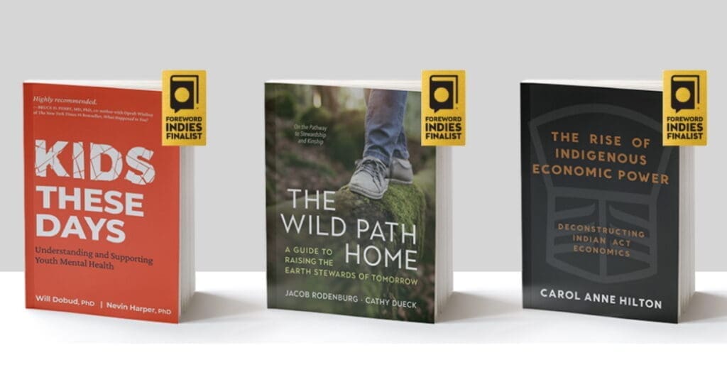 Three 2025 Foreword INDIES Award Finalists on display, upright against a light background.