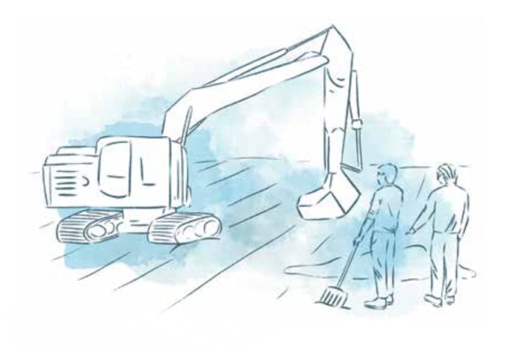 Sketch of two people with a shovel and excavator taking simple steps to build a garden.