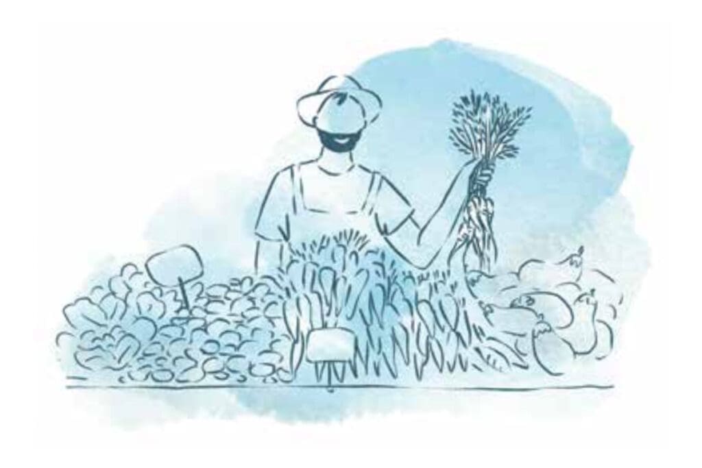 Line drawing of a farmer with carrots, showcasing Gardening Steps at a vegetable table.