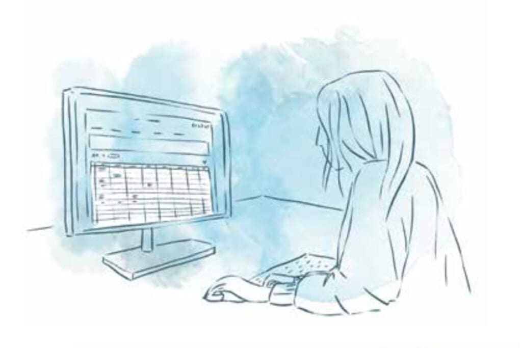 Illustration of a person creating a garden action plan on a spreadsheet at their computer.