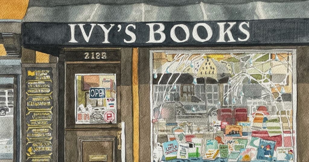 Watercolor painting of Ivy’s Bookshop storefront, inviting curious readers to browse the window.