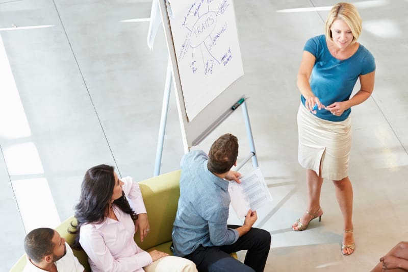 Woman leading a workshop facilitation session for three colleagues by a flipchart in an office.