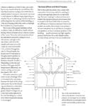 Diagram of a house showing airflow and heat movement due to stack effect and wind pressure.