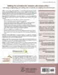 Back cover of a book about cob construction, listing topics and features, with text and logos.