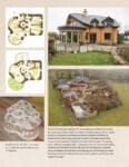 Collage of house blueprints, model, exterior view, and aerial photo of a unique round home.