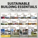 Covers of 12 sustainable building books arranged in three rows under a large title.