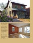Two images: a modern house exterior and a bright, empty room with wood floors.