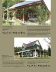 Two eco-friendly homes surrounded by trees, featuring wood and green exteriors.
