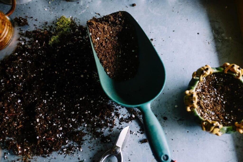 A green garden trowel with soil, pruning shears, and a pot—essential for soil health.