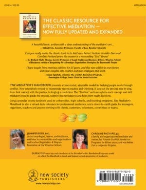 Back cover of "The Mediator's Handbook" with endorsement quotes and a book summary.