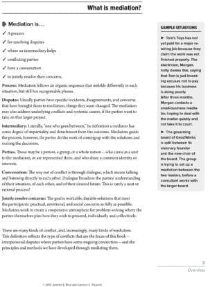 A document explains mediation, its process, and types, with a sidebar of sample situations.