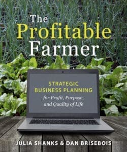 Laptop on table by greens, showing "The Profitable Farmer: Strategic Planning" on screen.