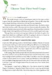 A book page about choosing seed crops, featuring green leaves and a story introduction.