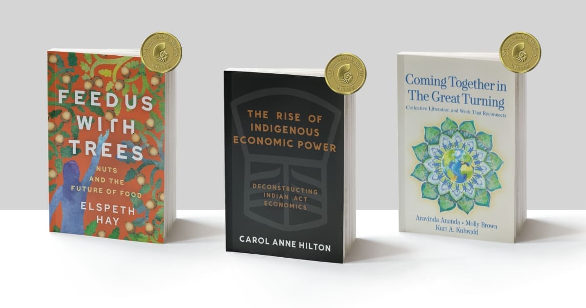 Three award-winning books from New Society Publishers, each with a Nautilus Book Award medal.