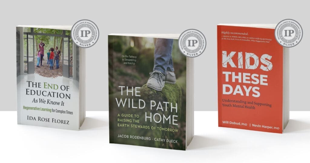 Three IPPY Awards 2026 books from New Society Publishers displayed with silver seals above each.